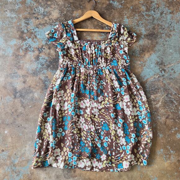Vintage Y2K Floral Print Milkmaid Dress Size 14 P Brown Flutter Sleeve Chiffon - Picture 8 of 8
